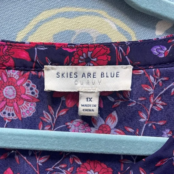 Skies Are Blue Curvy Floral Peasant Blouse Boho Split Neck Long Sleeve Top Sz 1X - Picture 6 of 7